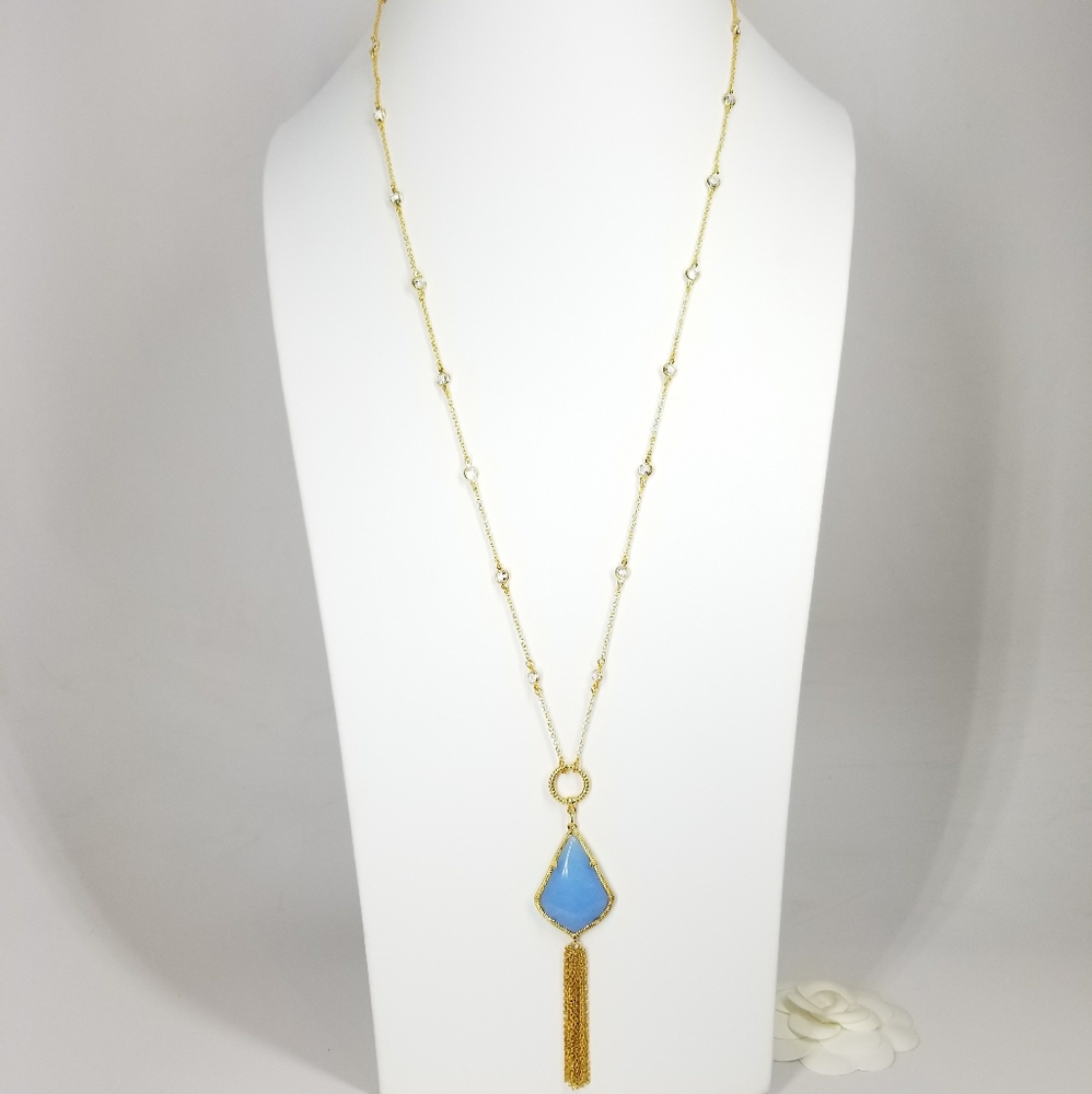 2 Ways Tassel Blue Agate CZ Necklace NWT - Picture 2 of 10